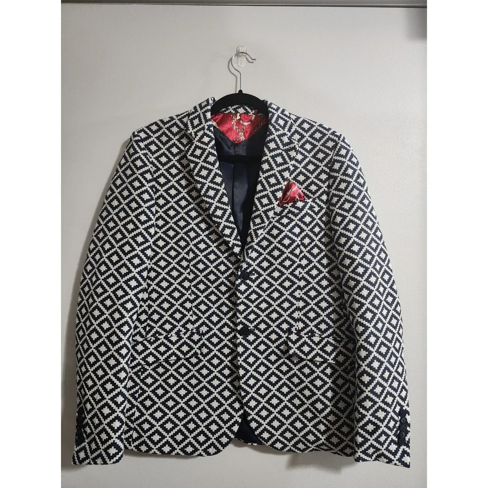 Elie Balleh Milano Italy Urben Blazer Mens M 38-40 Navy Geometric UEBBW2061-1 - Picture 1 of 9